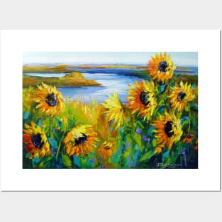 Sunflowers in the wind by the river Posters and Art